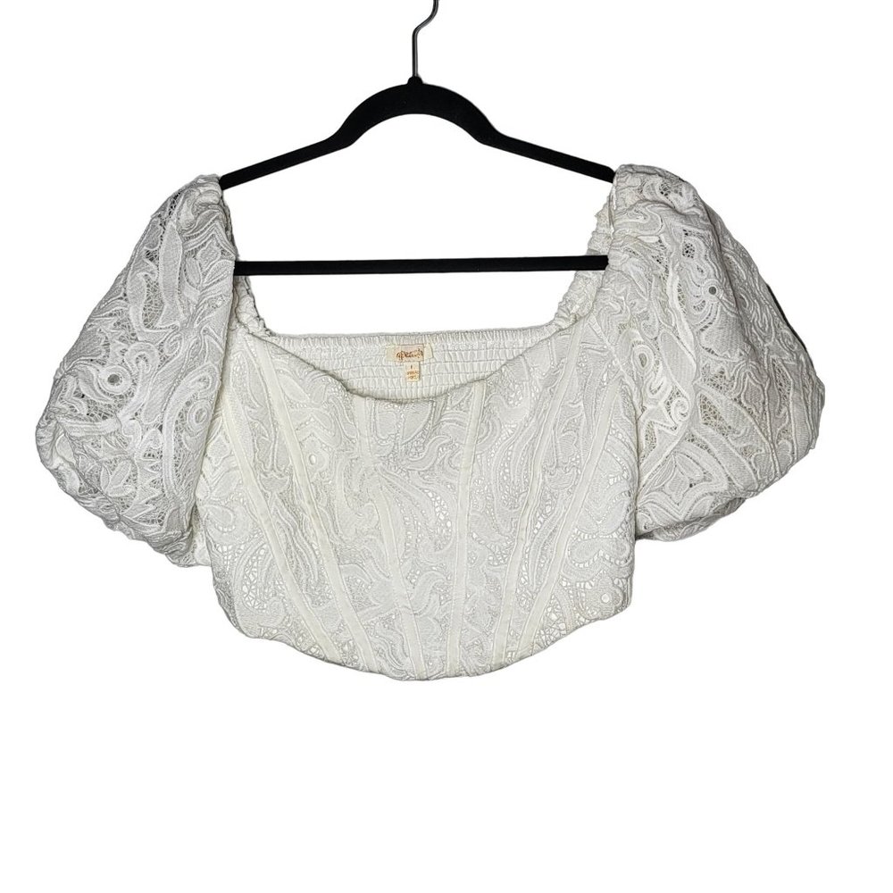 Women's White Puff Sleeve Crop Top - Elegant Embroidered Design